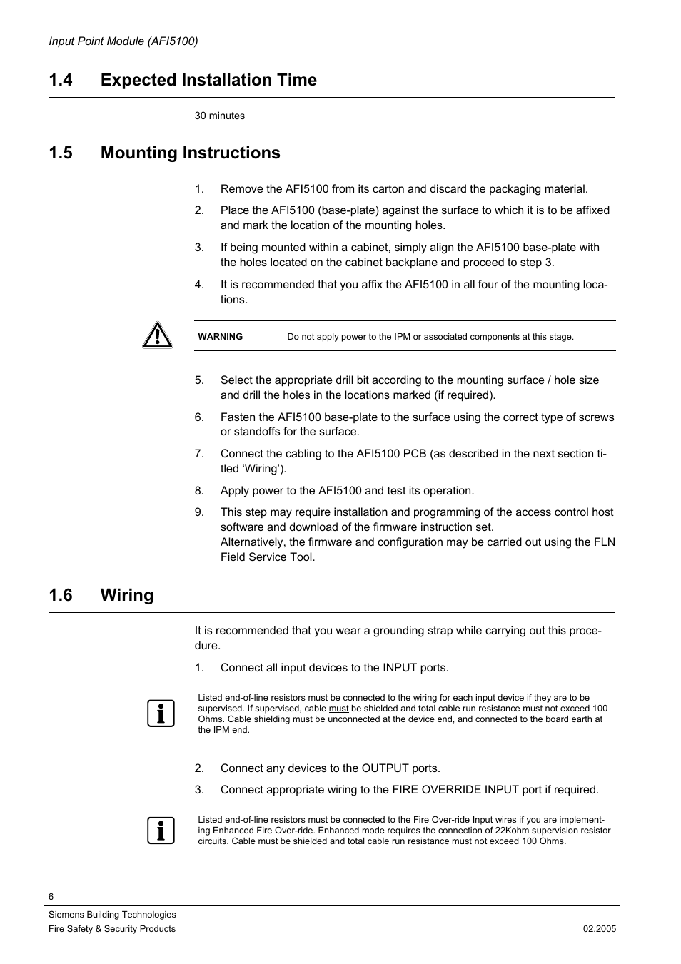 Expected installation time, Mounting instructions, Wiring | 4 expected installation time, 5 mounting instructions, 6 wiring | Siemens AFI5100 User Manual | Page 6 / 14