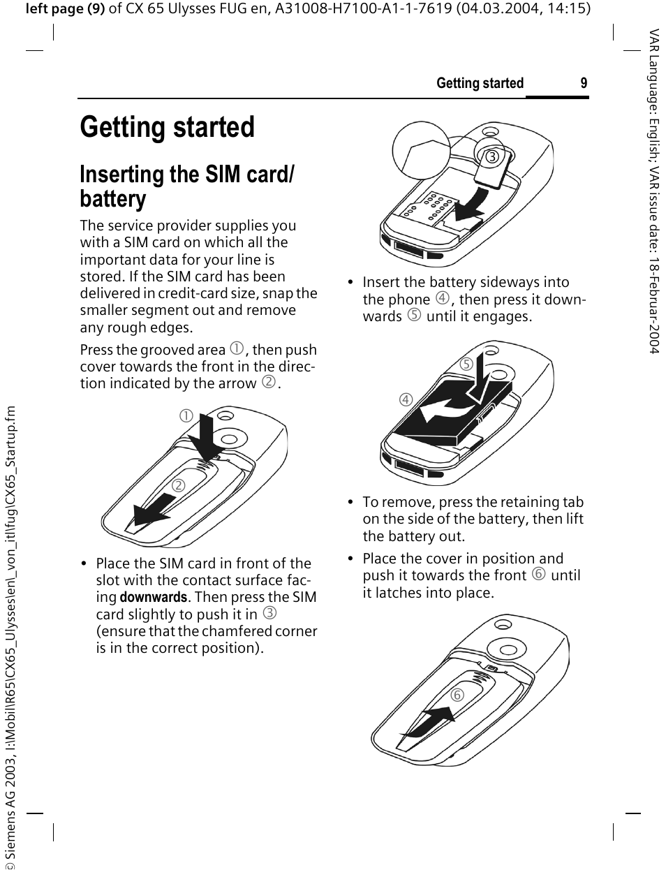 Getting started, Inserting the sim card/ battery, Inserting the sim card/battery | Siemens CXT65 User Manual | Page 10 / 141