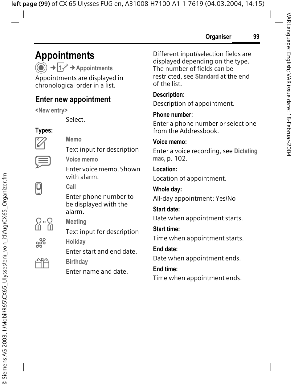 Appointments, Enter new appointment | Siemens CXT65 User Manual | Page 100 / 141