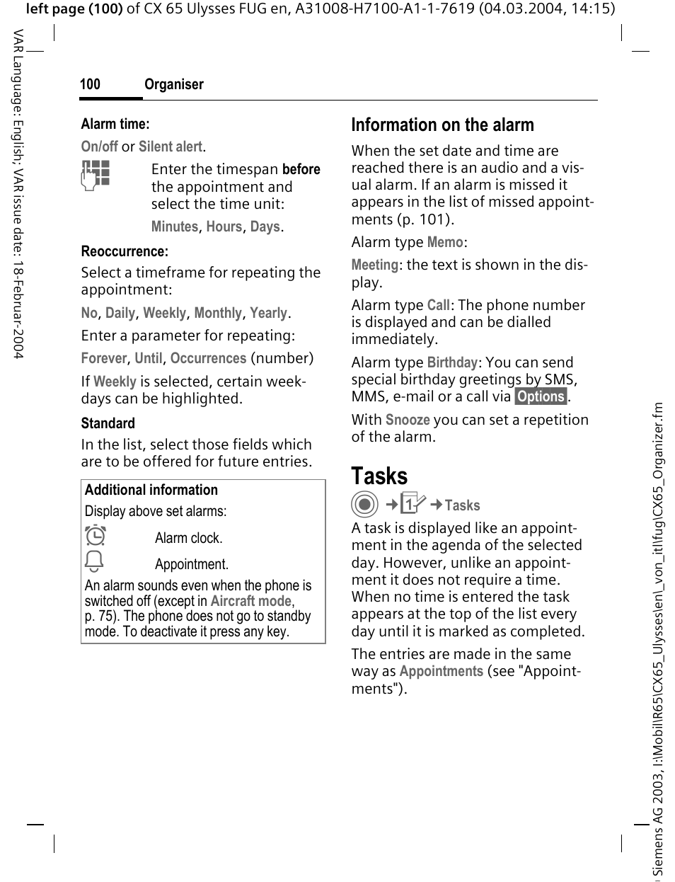 Tasks, Information on the alarm | Siemens CXT65 User Manual | Page 101 / 141