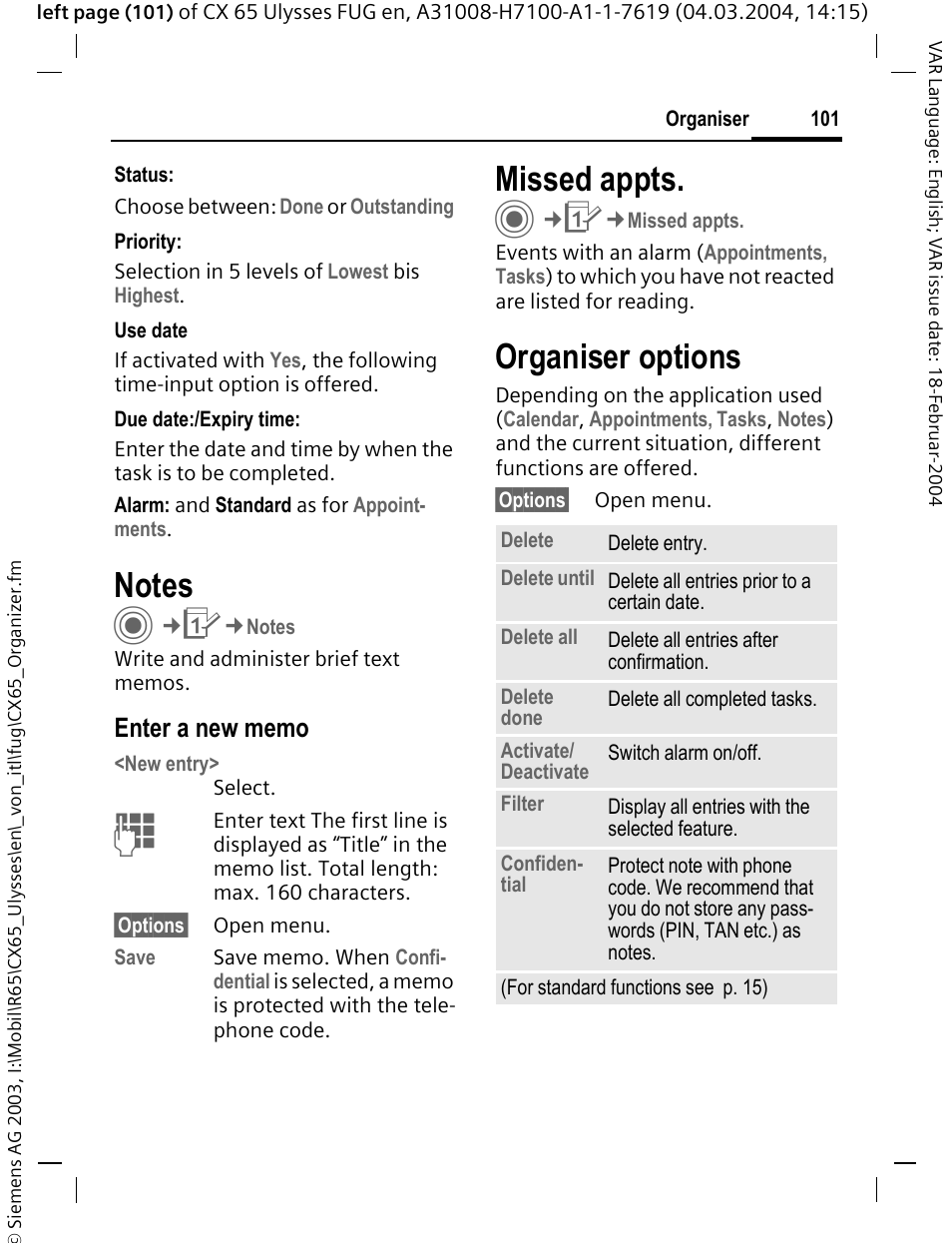 Notes, Missed appts, Organiser options | Siemens CXT65 User Manual | Page 102 / 141