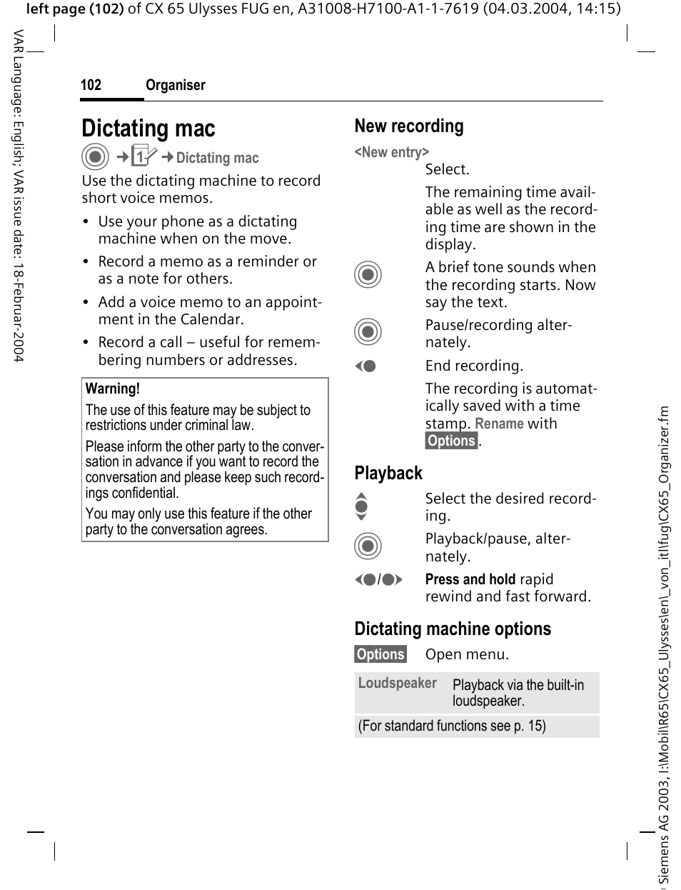 Dictating mac | Siemens CXT65 User Manual | Page 103 / 141