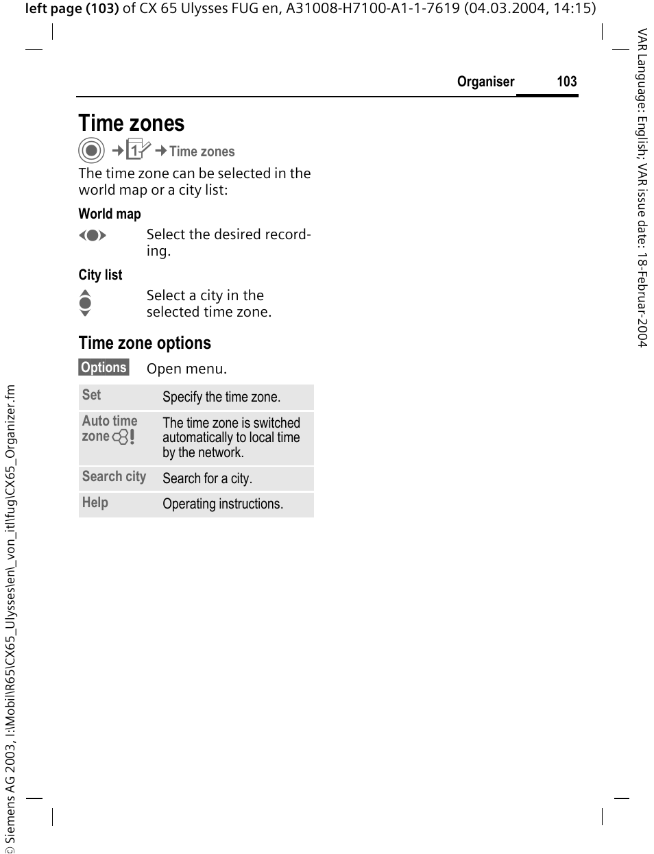 Time zones, Time zone options | Siemens CXT65 User Manual | Page 104 / 141