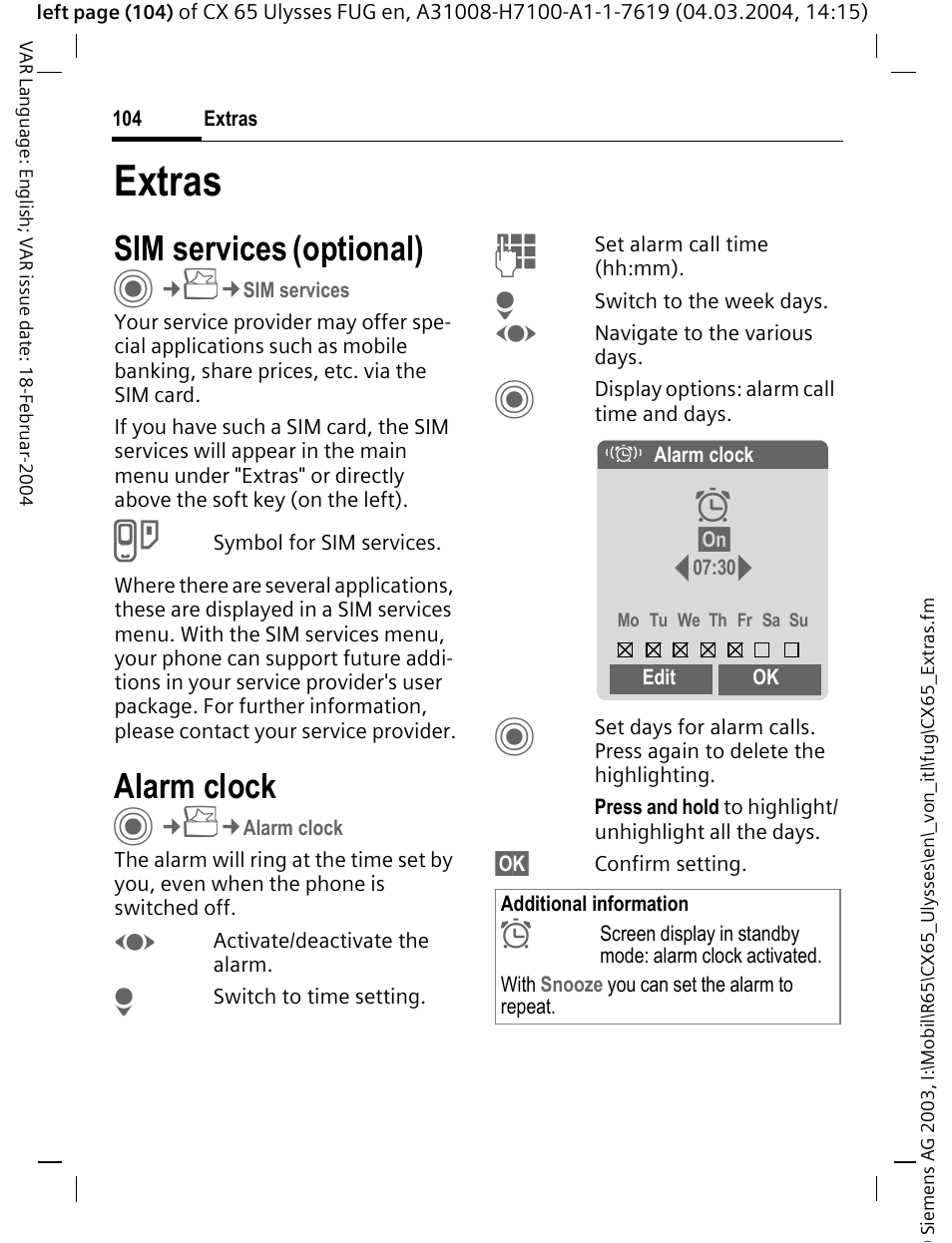 Extras, Sim services (optional), Alarm clock | Sim services (op, Sim services, Optional) | Siemens CXT65 User Manual | Page 105 / 141