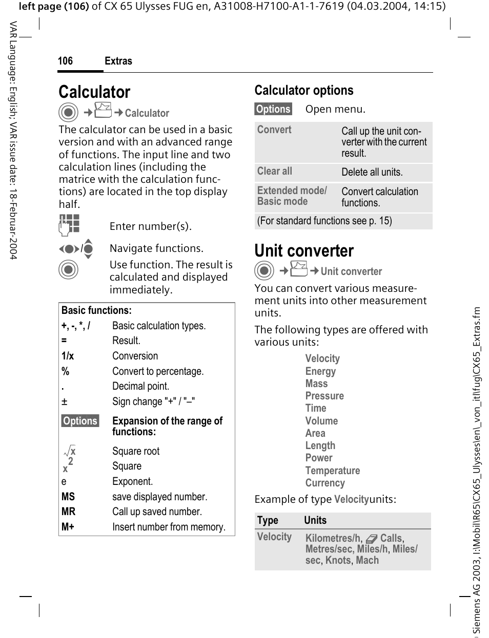 Calculator, Unit converter, Calculator options | Siemens CXT65 User Manual | Page 107 / 141