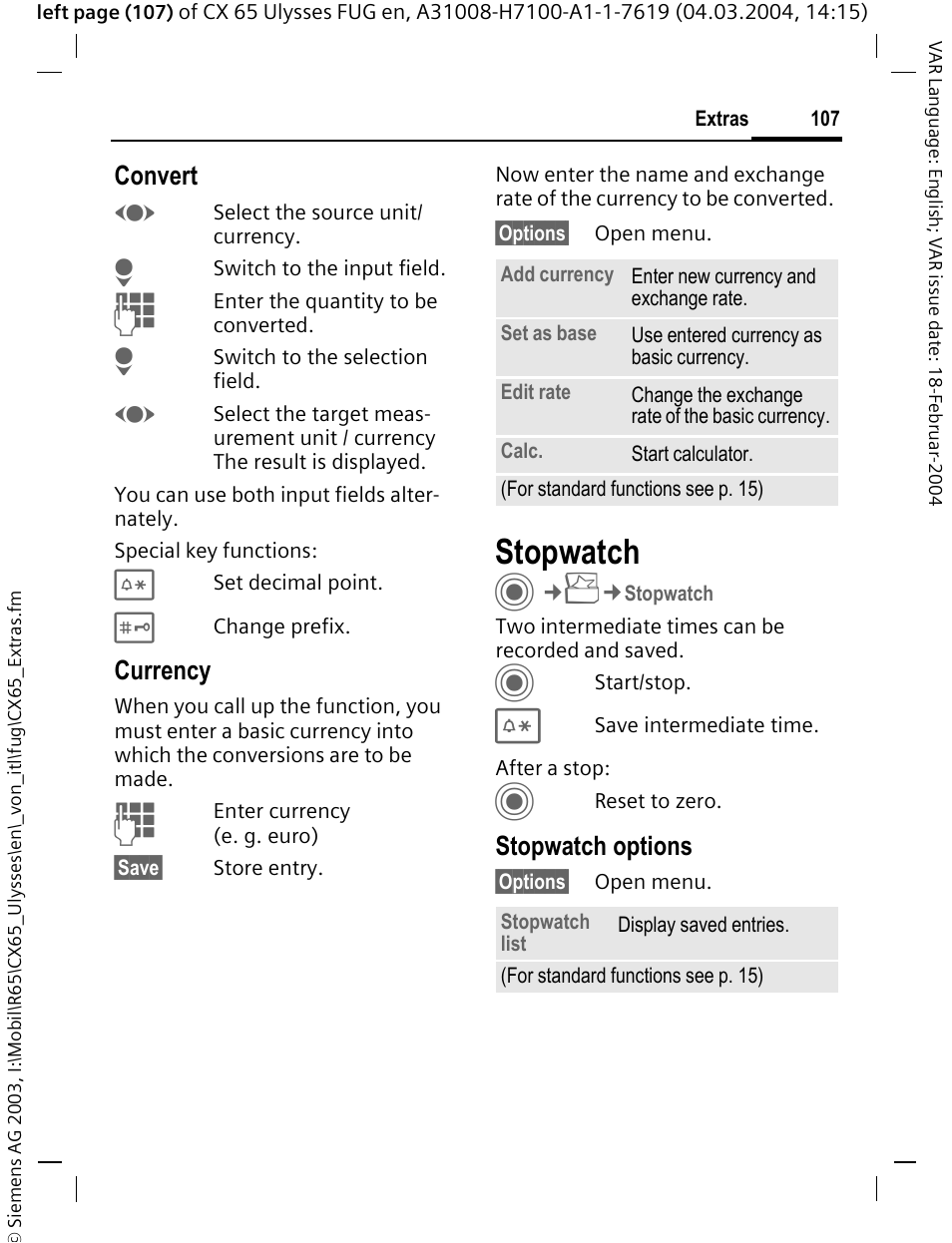 Stopwatch | Siemens CXT65 User Manual | Page 108 / 141