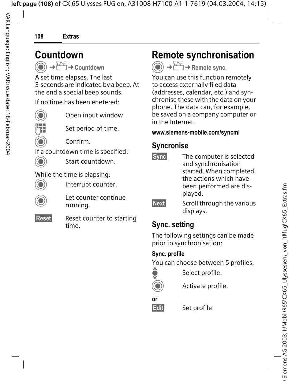 Countdown, Remote synchronisation, See also p. 108) | Siemens CXT65 User Manual | Page 109 / 141