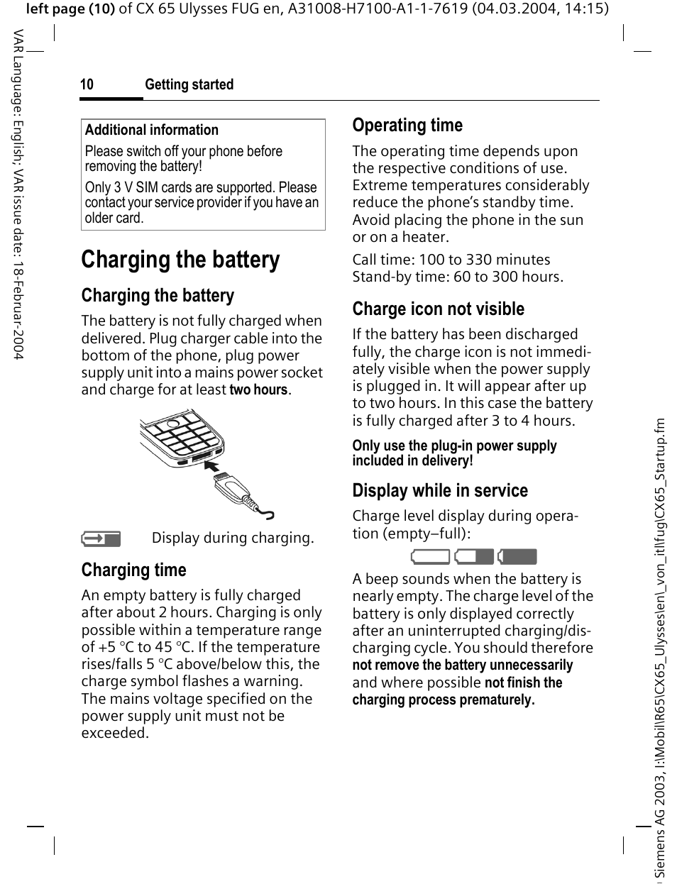 Charging the battery, Charging time, Operating time | Charge icon not visible, Display while in service | Siemens CXT65 User Manual | Page 11 / 141