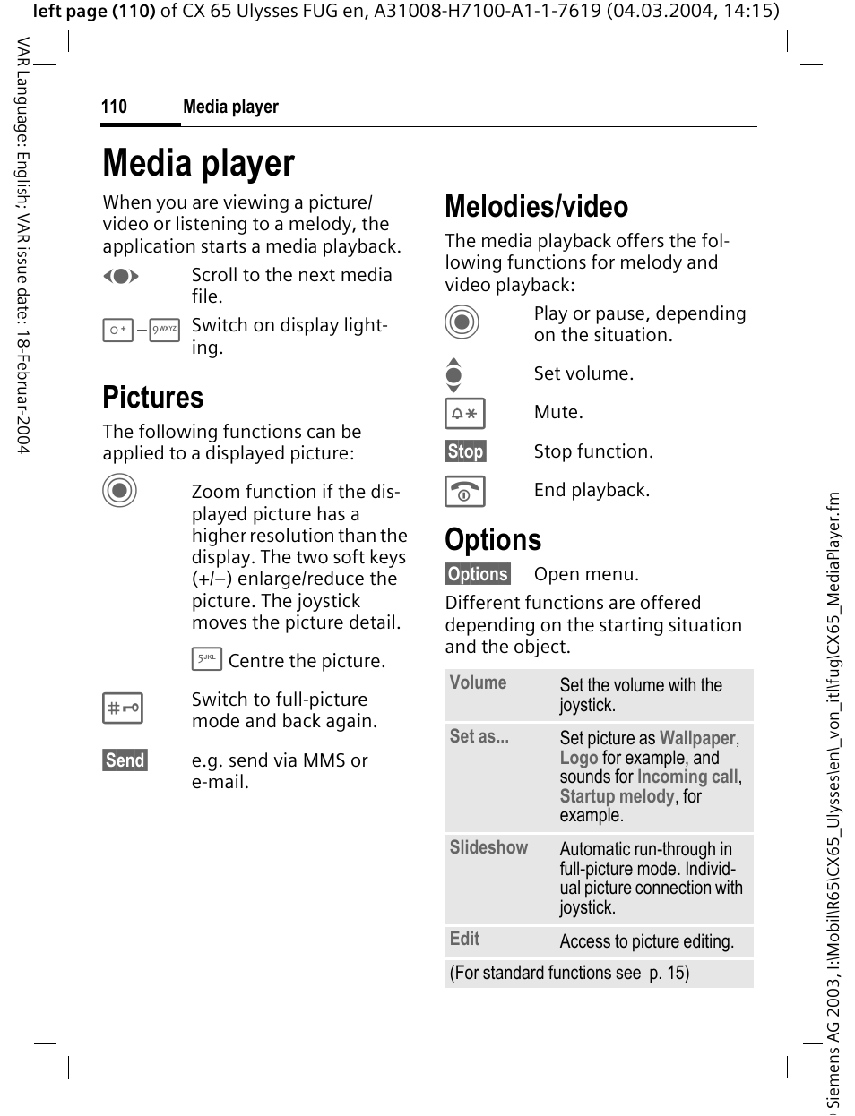 Media player, Pictures, Melodies/video | Options | Siemens CXT65 User Manual | Page 111 / 141