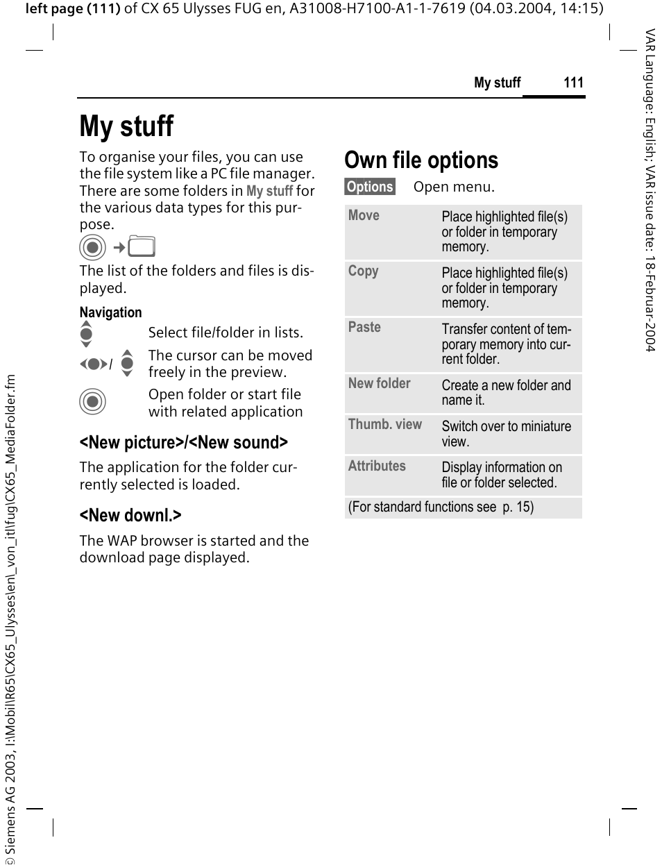 My stuff, Es (p. 111), P. 111) | Own file options, New picture>/<new sound, New downl | Siemens CXT65 User Manual | Page 112 / 141