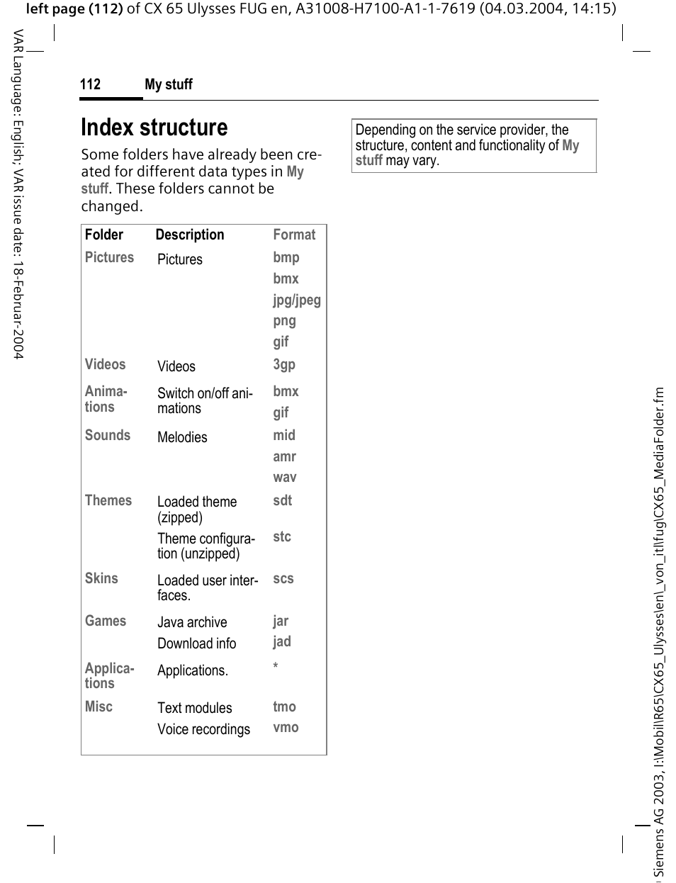 Index structure | Siemens CXT65 User Manual | Page 113 / 141