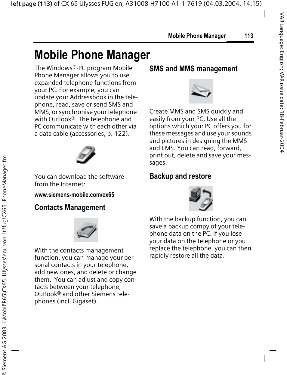 Mobile phone manager, P. 113), Contacts management | Sms and mms management, Backup and restore | Siemens CXT65 User Manual | Page 114 / 141