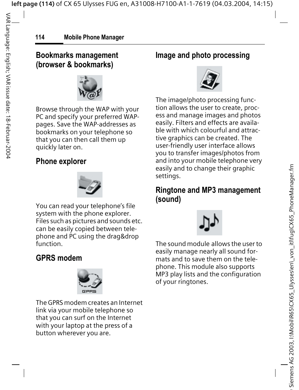 Bookmarks management (browser & bookmarks), Phone explorer, Gprs modem | Image and photo processing, Ringtone and mp3 management (sound) | Siemens CXT65 User Manual | Page 115 / 141