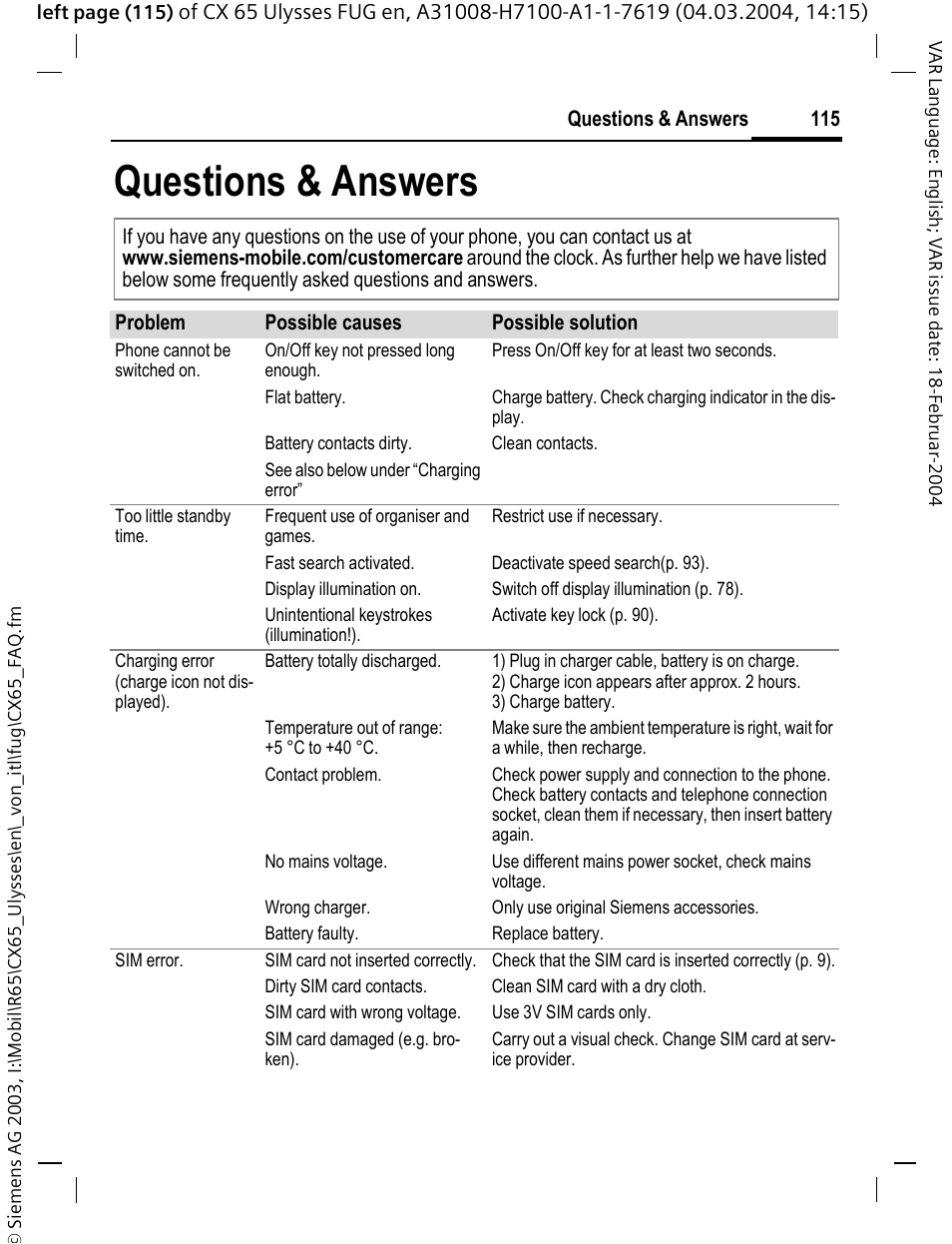 Questions & answers | Siemens CXT65 User Manual | Page 116 / 141