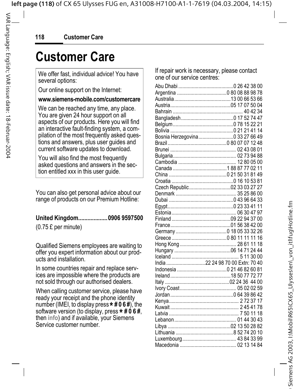 Customer care, Ice (p. 118) | Siemens CXT65 User Manual | Page 119 / 141