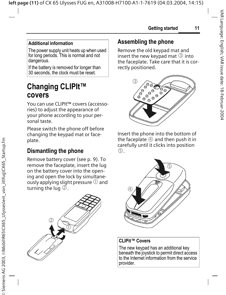 Changing clipit™ covers, Dismantling the phone, Assembling the phone | Siemens CXT65 User Manual | Page 12 / 141