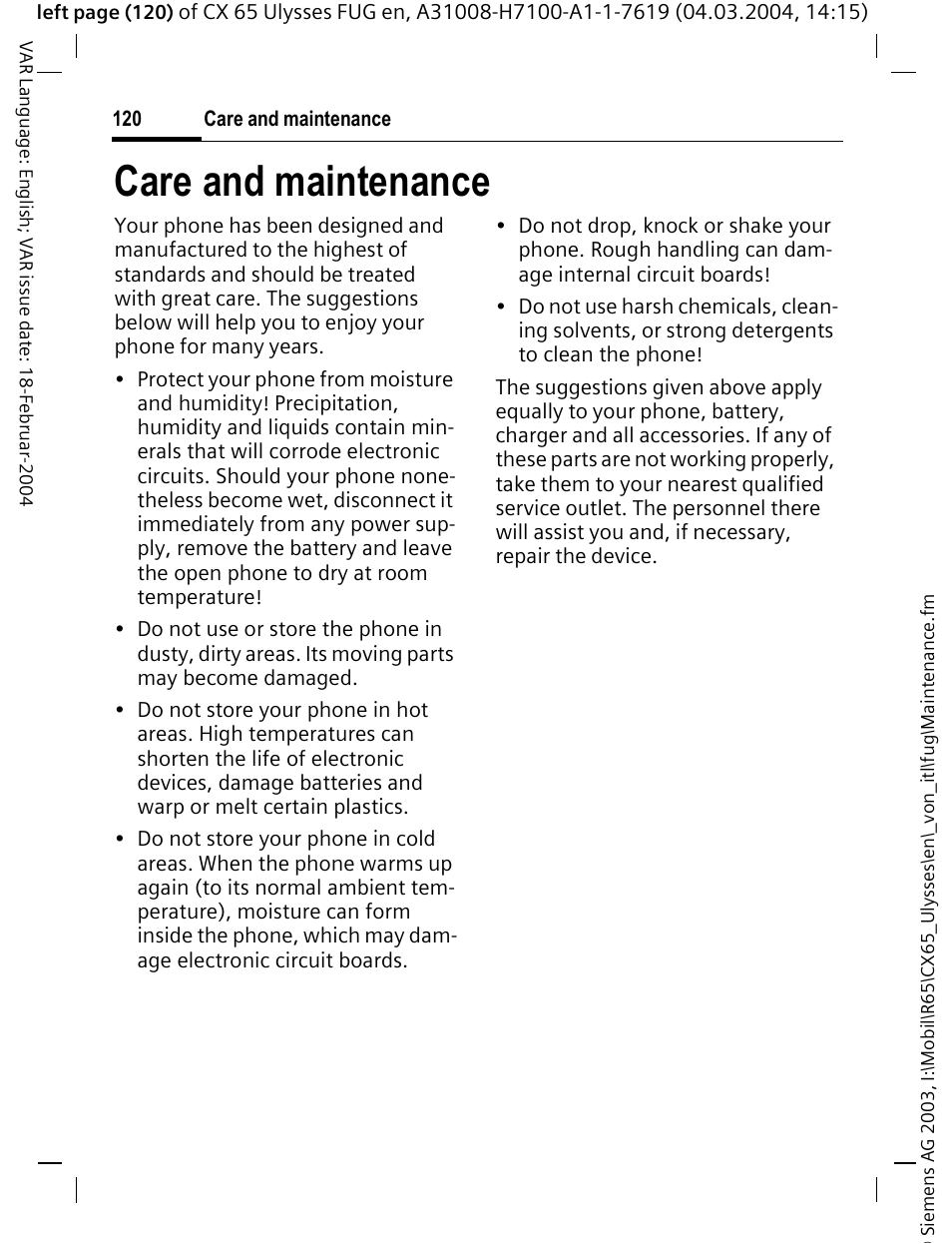 Care and maintenance | Siemens CXT65 User Manual | Page 121 / 141