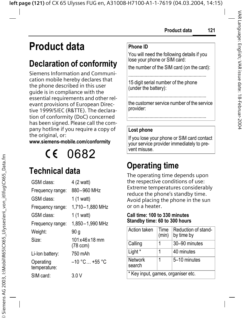 Product data, Declaration of conformity, Technical data | Operating time | Siemens CXT65 User Manual | Page 122 / 141