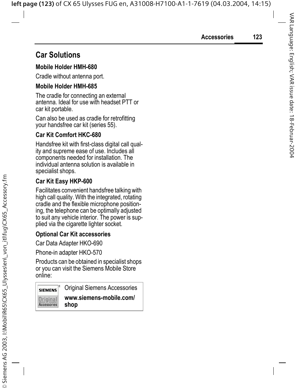 Car solutions | Siemens CXT65 User Manual | Page 124 / 141