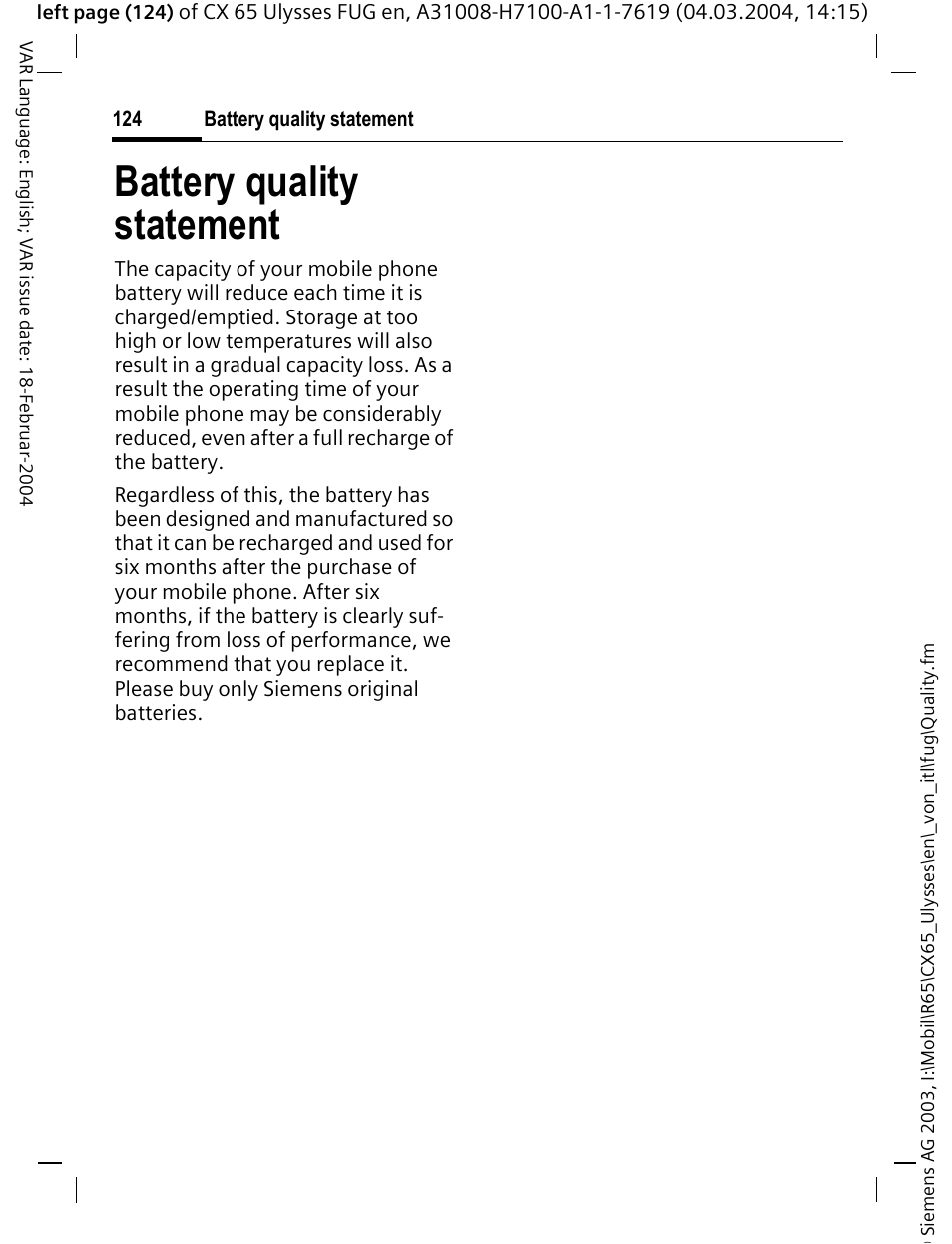 Battery quality statement | Siemens CXT65 User Manual | Page 125 / 141