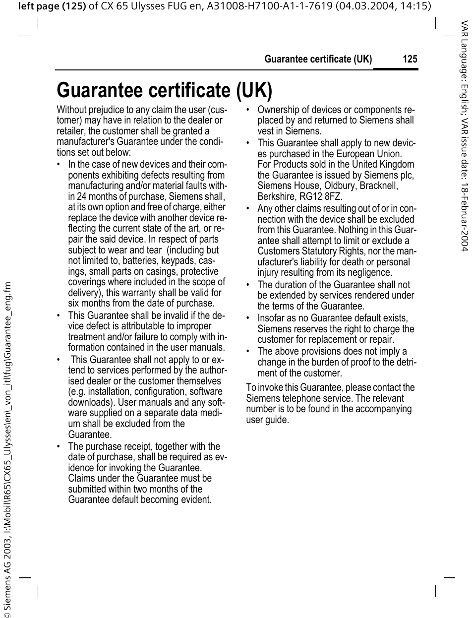 Guarantee certificate (uk) | Siemens CXT65 User Manual | Page 126 / 141