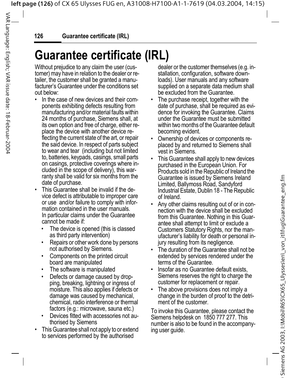 Guarantee certificate (irl) | Siemens CXT65 User Manual | Page 127 / 141