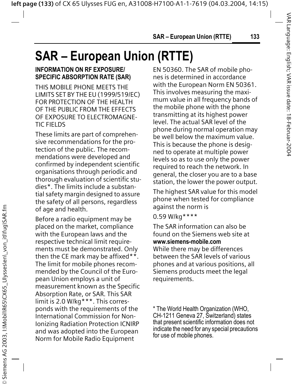 Sar – european union (rtte), Sar – european union, Rtte) | Siemens CXT65 User Manual | Page 134 / 141