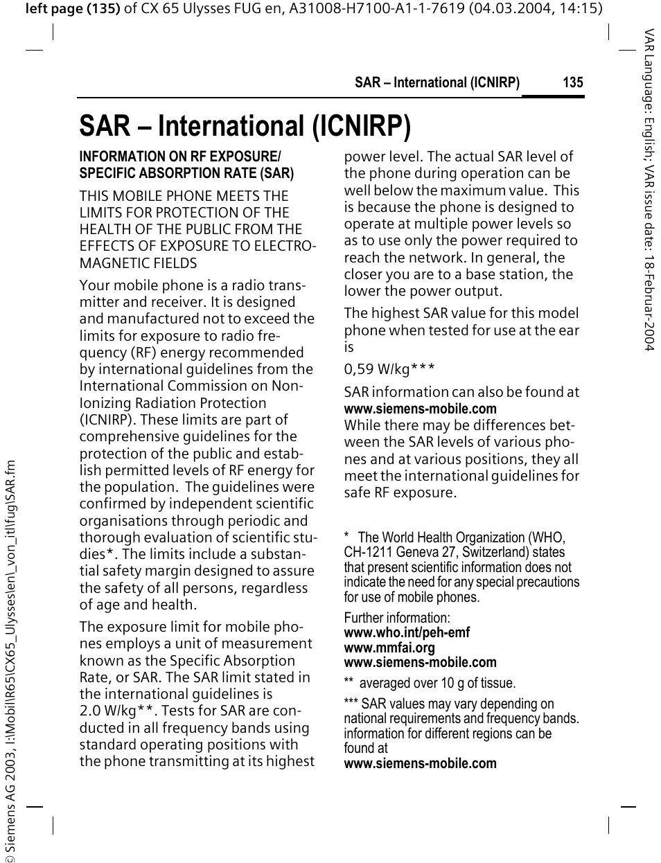 Sar – international (icnirp), Sar – international, Icnirp) | Siemens CXT65 User Manual | Page 136 / 141