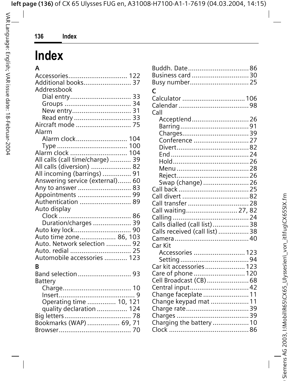 Index | Siemens CXT65 User Manual | Page 137 / 141