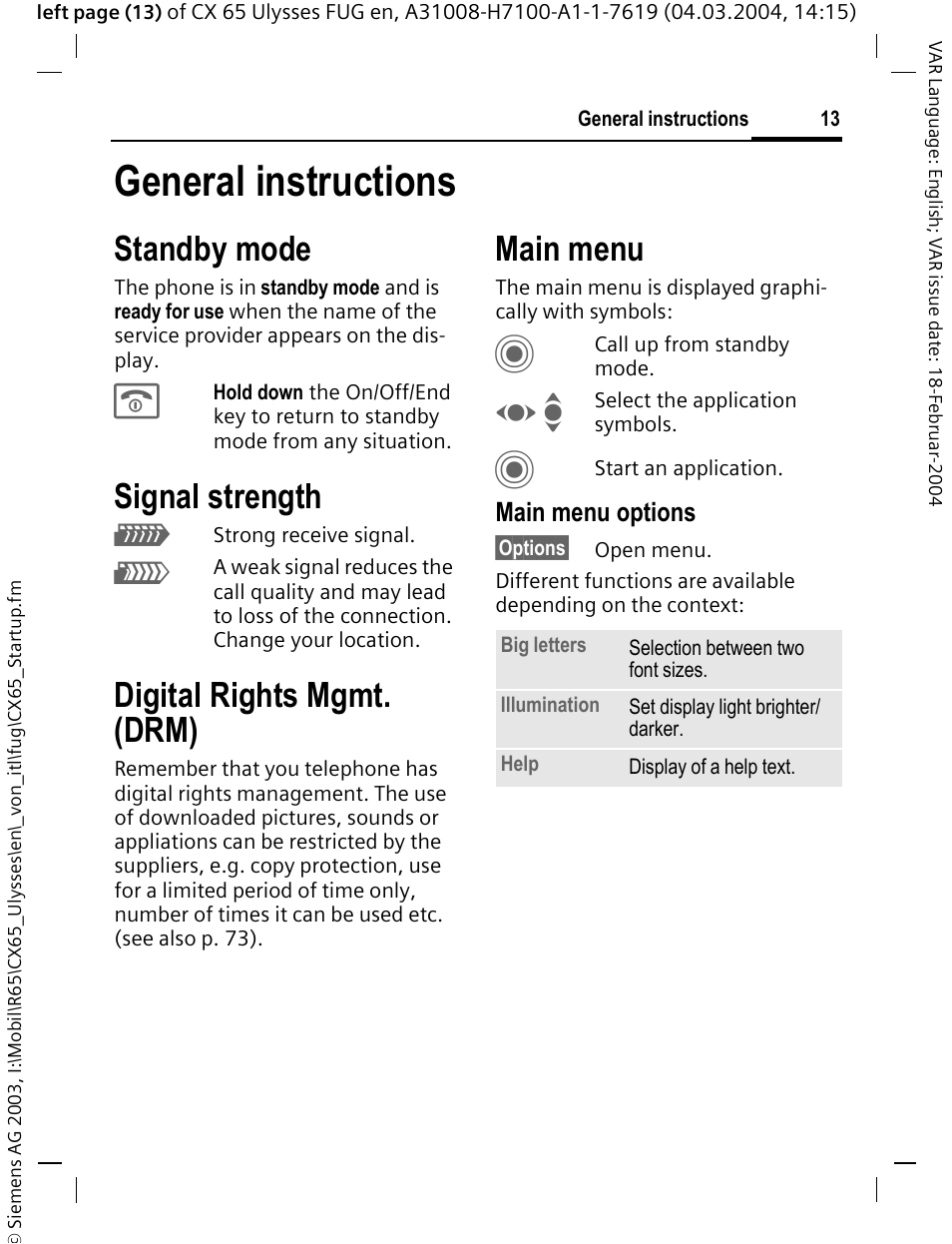 General instructions, Standby mode, Signal strength | Digital rights mgmt. (drm), Main menu | Siemens CXT65 User Manual | Page 14 / 141