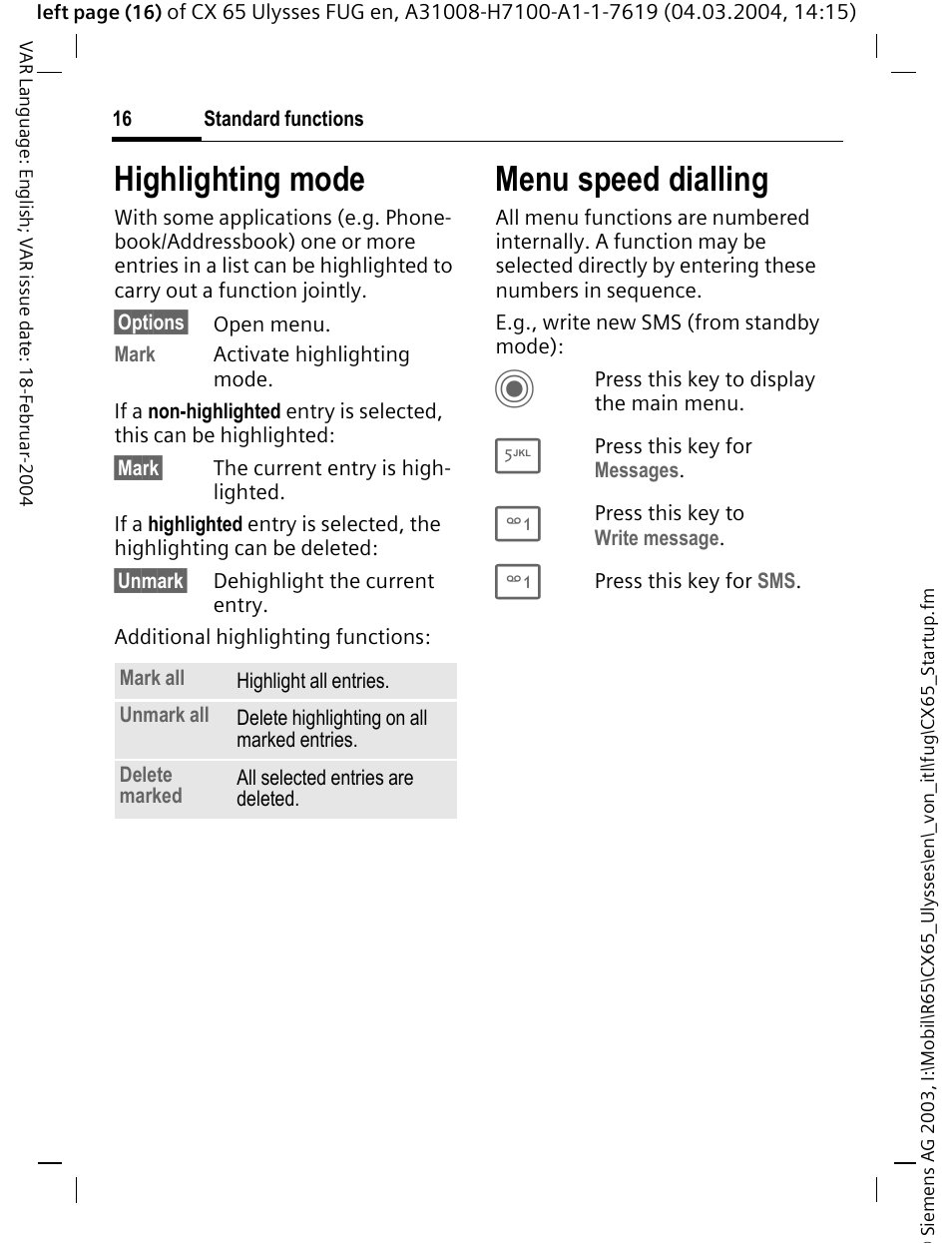 Highlighting mode, Menu speed dialling | Siemens CXT65 User Manual | Page 17 / 141