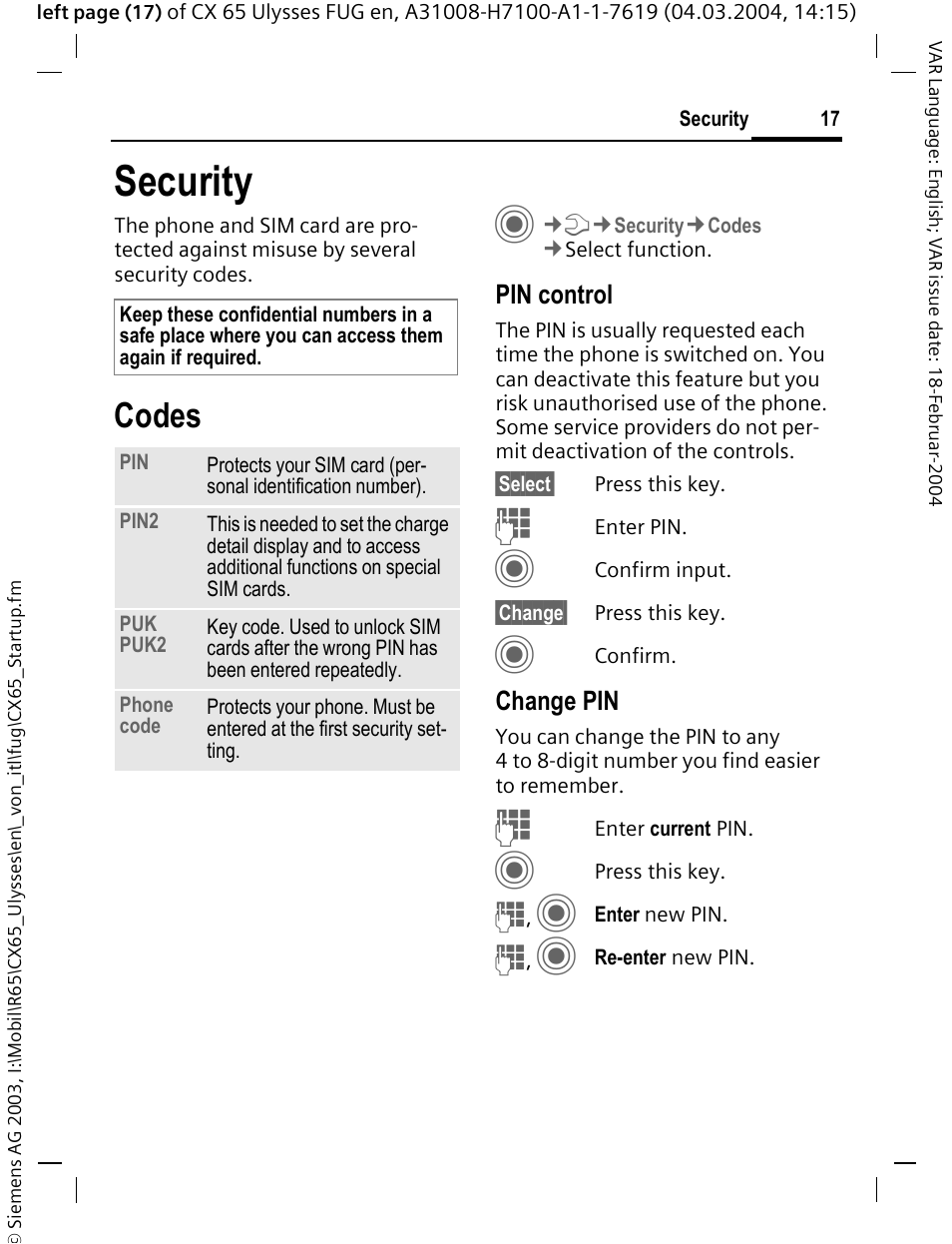 Security, Codes | Siemens CXT65 User Manual | Page 18 / 141