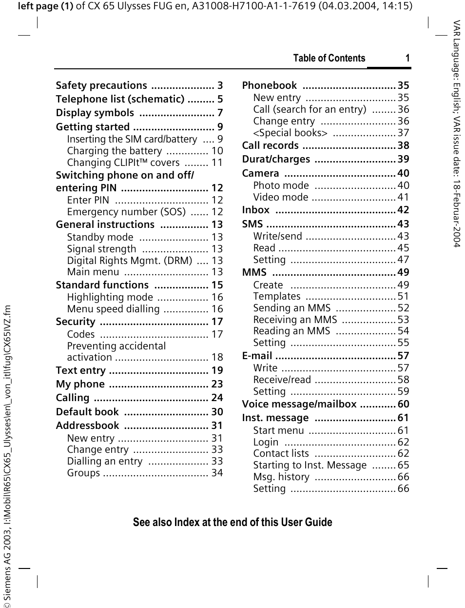 See also index at the end of this user guide | Siemens CXT65 User Manual | Page 2 / 141