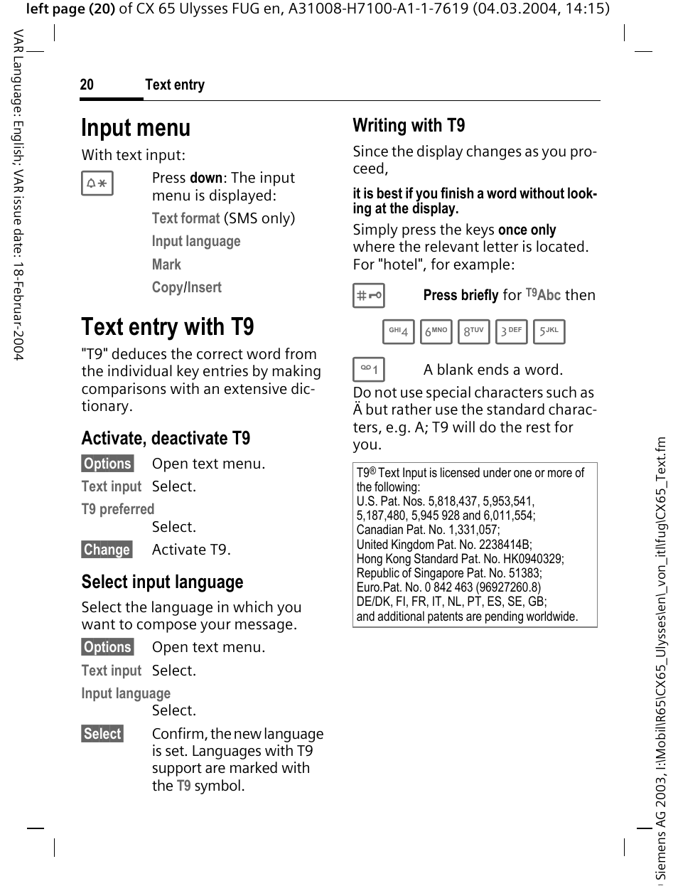 Input menu, Text entry with t9, Activate, deactivate t9 | Select input language, Writing with t9 | Siemens CXT65 User Manual | Page 21 / 141