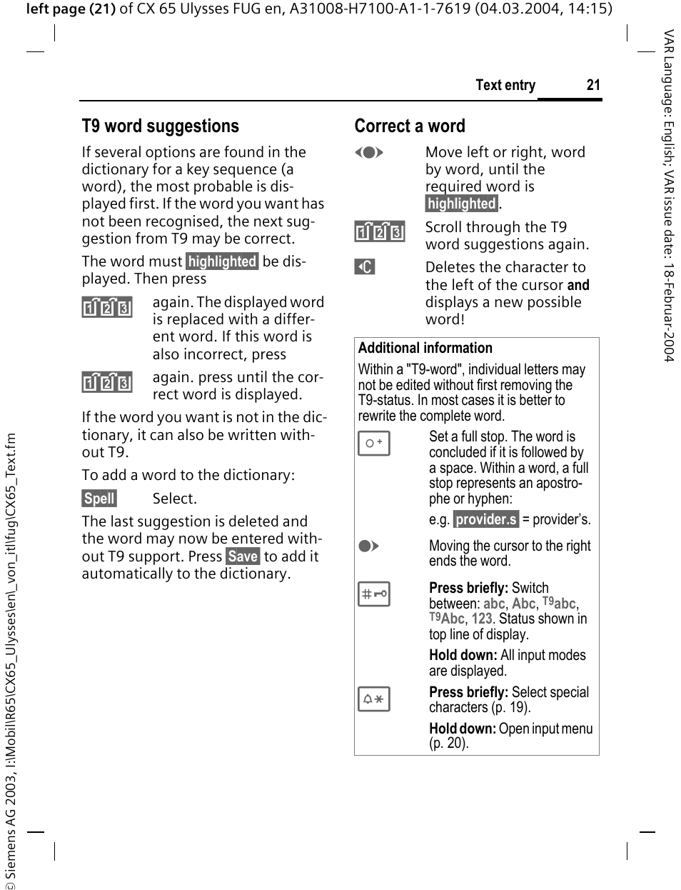 T9 word suggestions, Correct a word | Siemens CXT65 User Manual | Page 22 / 141