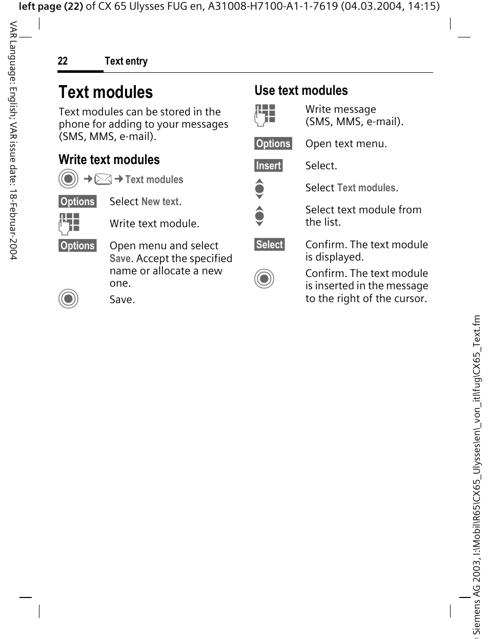 Text modules | Siemens CXT65 User Manual | Page 23 / 141