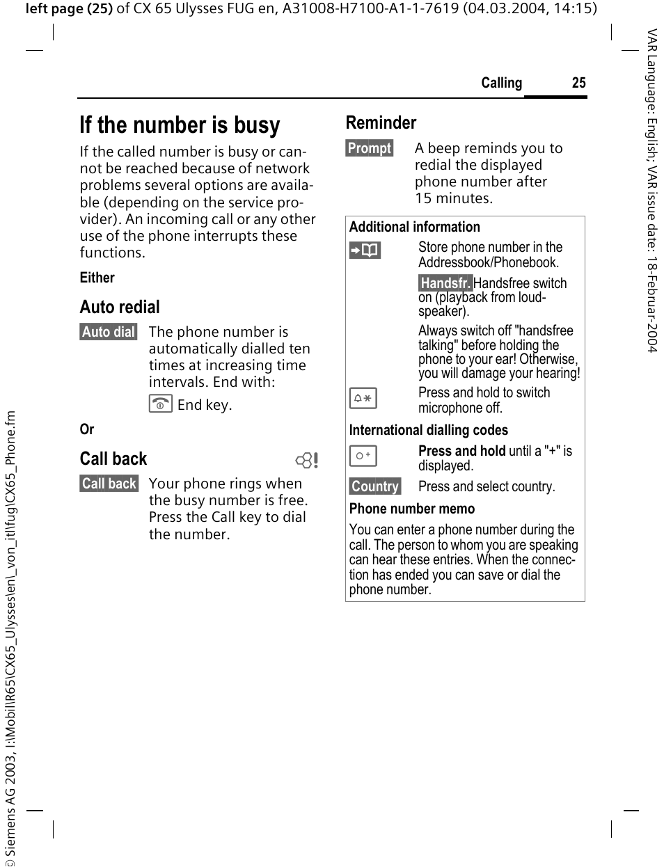 If the number is busy, Auto redial, Call back b | Reminder | Siemens CXT65 User Manual | Page 26 / 141