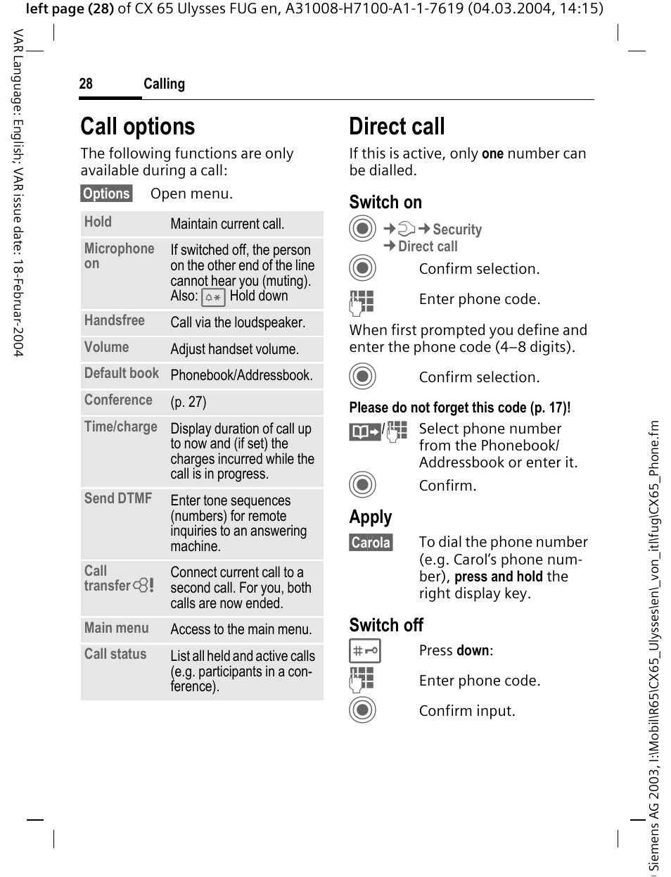 Call options, Direct call, Switch on | Apply, Switch off | Siemens CXT65 User Manual | Page 29 / 141