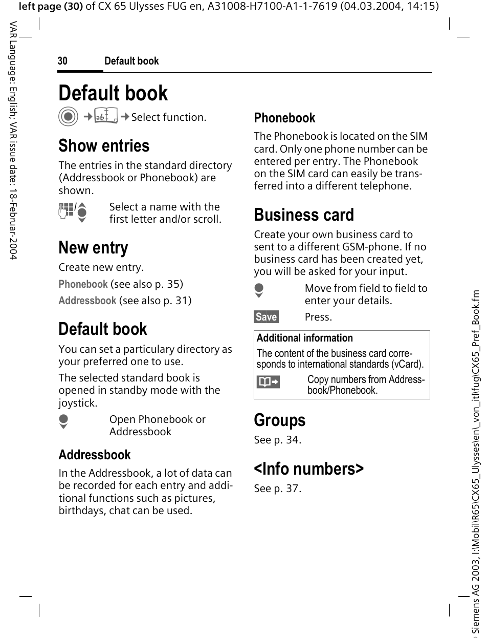 Default book, Default book c, Show entries | New entry, Business card, Groups, Info numbers | Siemens CXT65 User Manual | Page 31 / 141