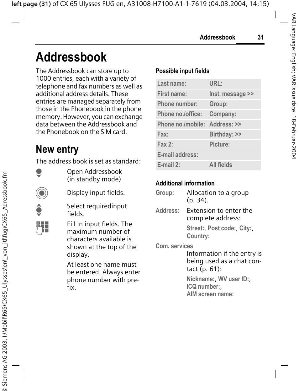 Addressbook, New entry, See also p. 31) | Siemens CXT65 User Manual | Page 32 / 141