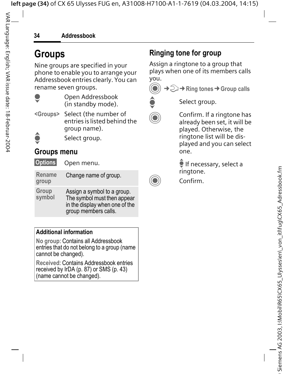 Groups, See p. 34, Groups menu | Ringing tone for group | Siemens CXT65 User Manual | Page 35 / 141