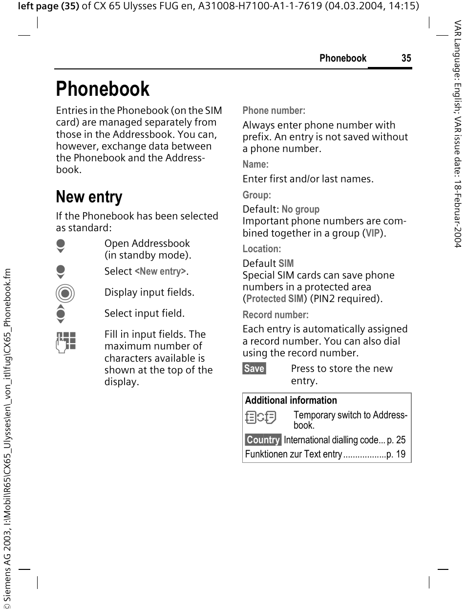 Phonebook, New entry, See also p. 35) | Siemens CXT65 User Manual | Page 36 / 141