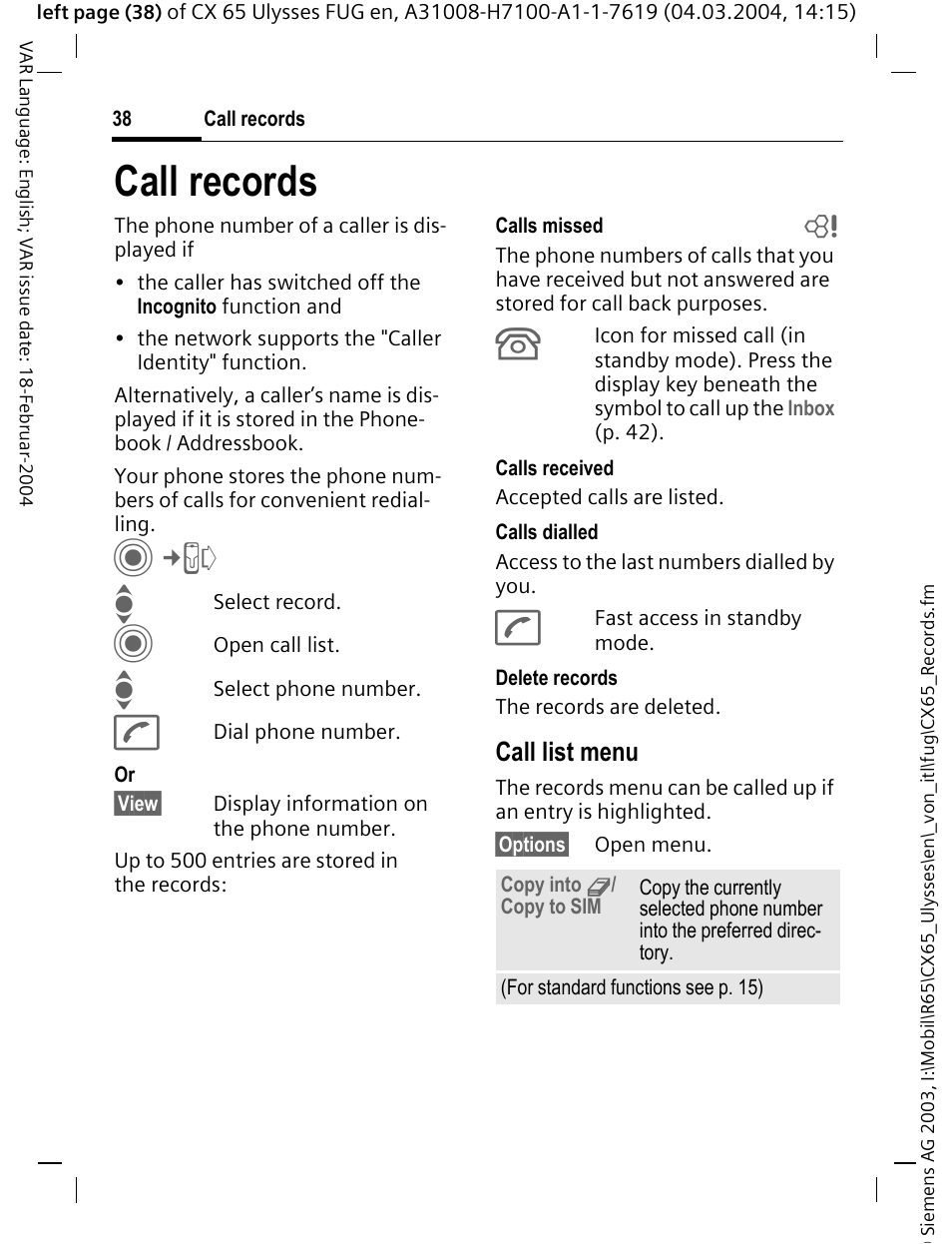 Call records, Call list menu | Siemens CXT65 User Manual | Page 39 / 141