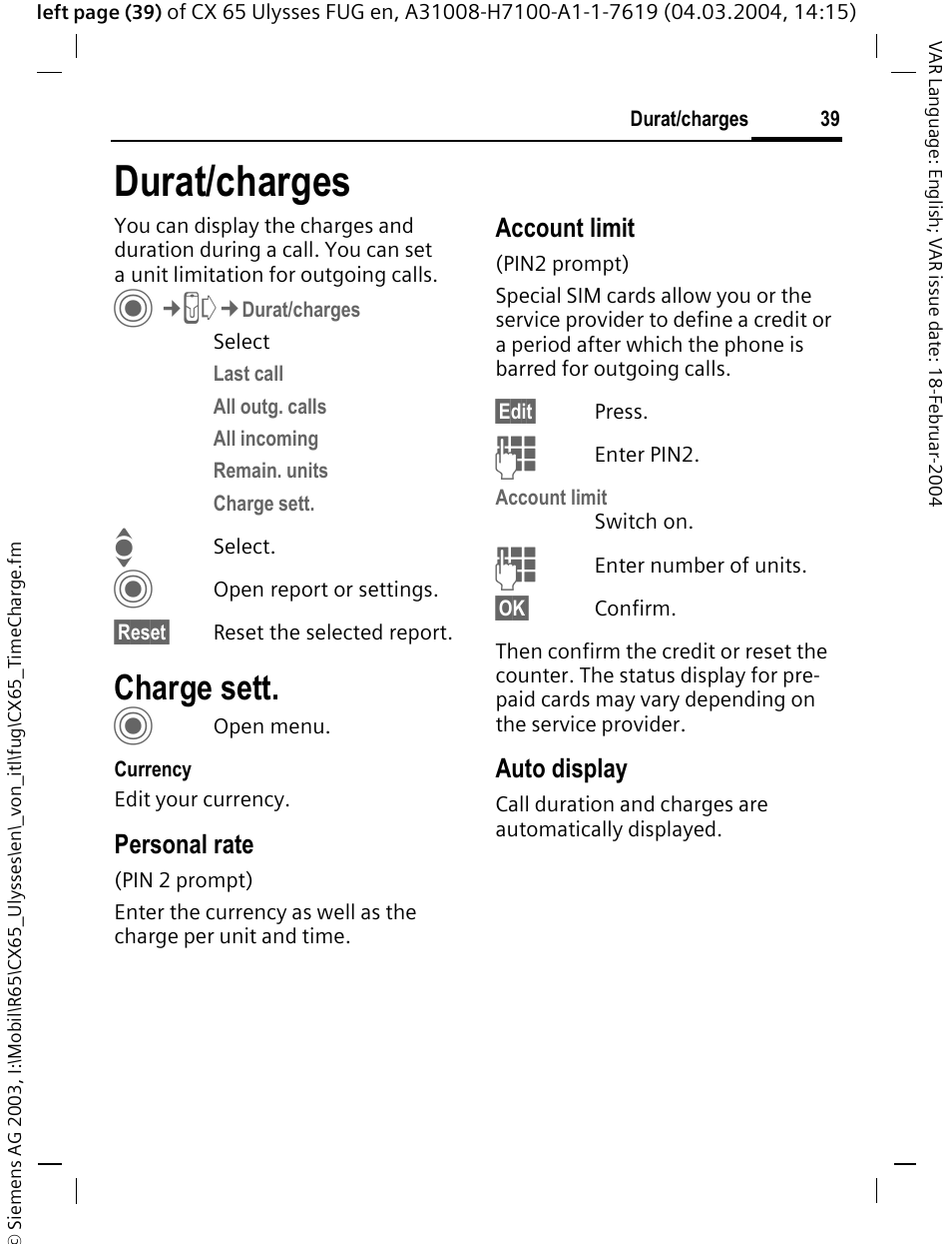 Durat/charges, Charge sett, Personal rate | Account limit, Auto display | Siemens CXT65 User Manual | Page 40 / 141