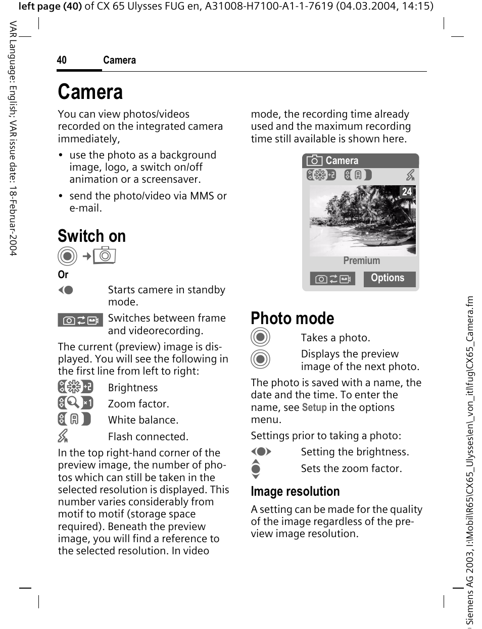 Camera, Photo mode, Switch on | Siemens CXT65 User Manual | Page 41 / 141