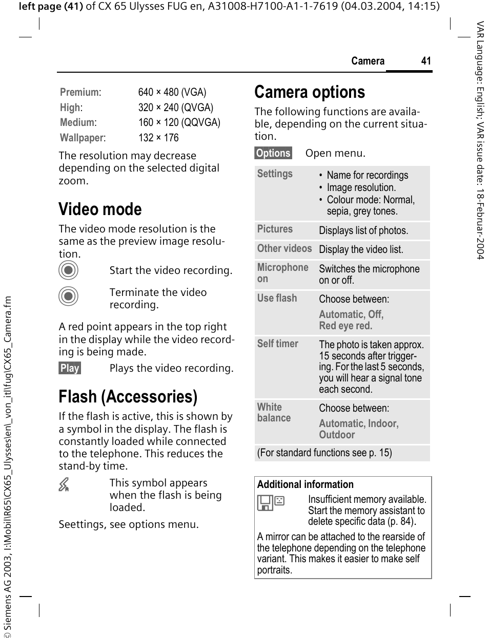 Video mode, Flash (accessories), Camera options | Siemens CXT65 User Manual | Page 42 / 141