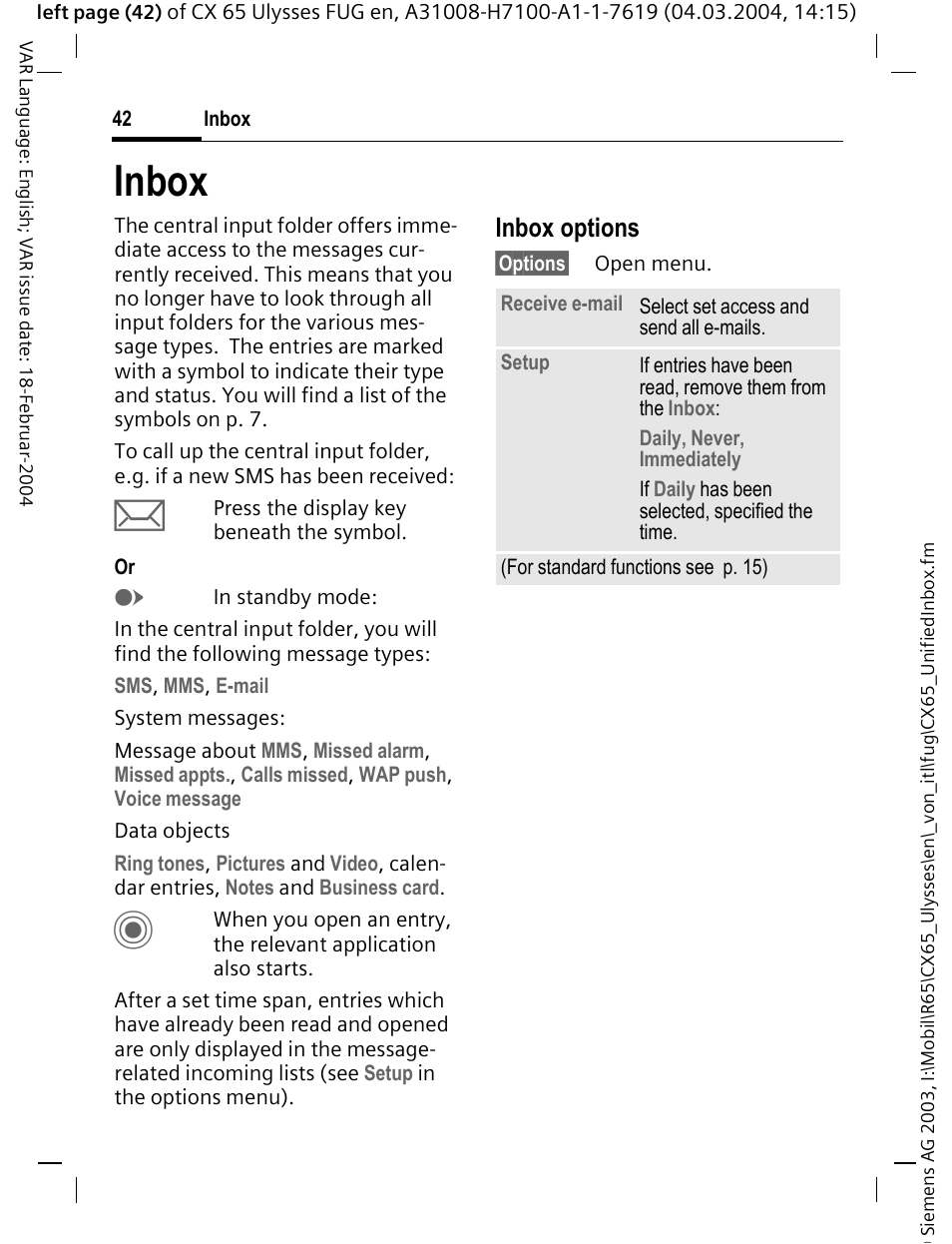 Inbox, Inbox options | Siemens CXT65 User Manual | Page 43 / 141