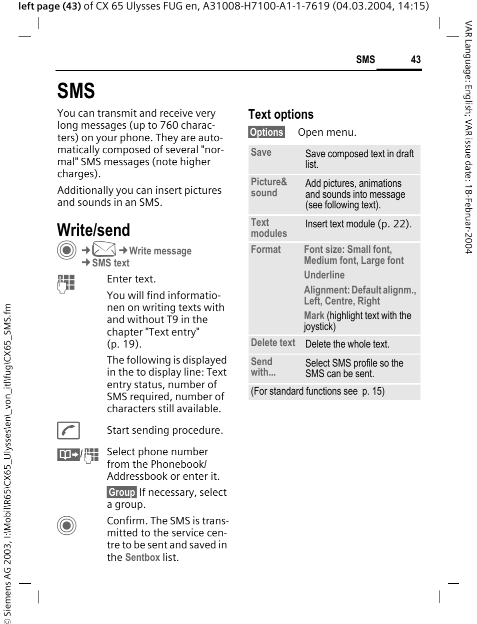 Write/send, Text options | Siemens CXT65 User Manual | Page 44 / 141