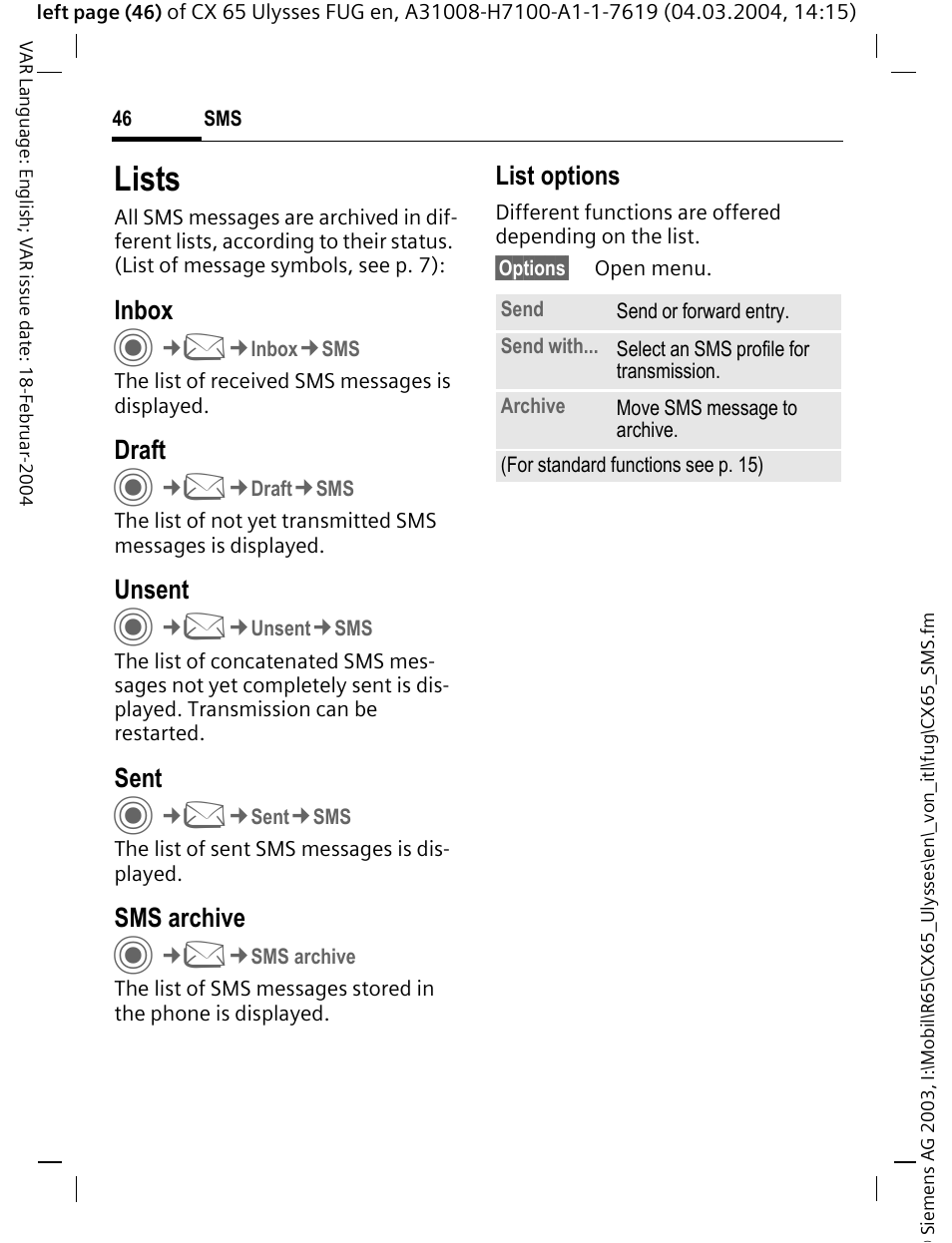 Lists | Siemens CXT65 User Manual | Page 47 / 141