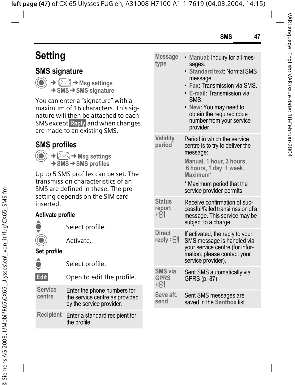 Setting, Sms signature, Sms profiles | Siemens CXT65 User Manual | Page 48 / 141